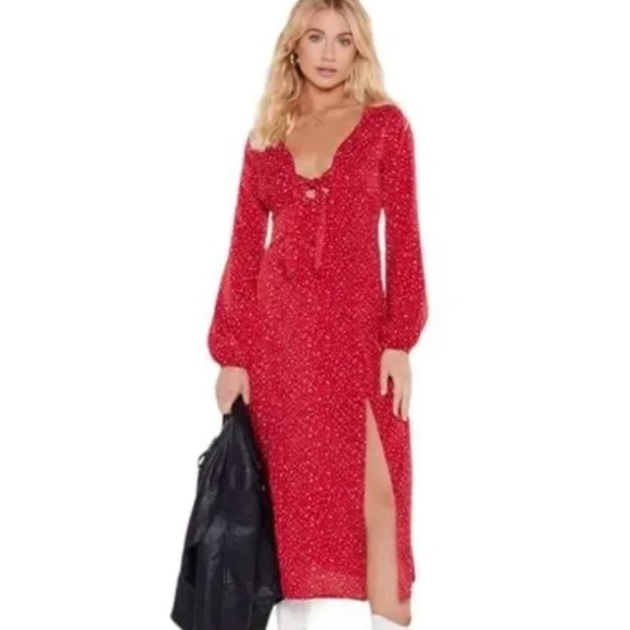 Nasty Gal Collection Red Long Sleeve DOT THAT INTO YOU Midi Dress Size 4 - Picture 2 of 10